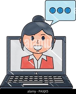 laptop computer with businesswoman and speech bubble vector illustration design Stock Vector