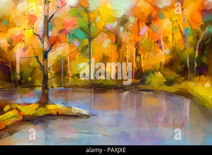 Oil painting colorful autumn trees. Semi abstract image of forest, aspen trees with yellow - red leaf and lake. Autumn, Fall season nature background. Stock Photo