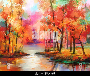 Oil painting colorful autumn trees. Semi abstract image of forest, aspen trees with yellow - red leaf and lake. Autumn, Fall season nature background. Stock Photo