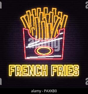 Retro neon french fries sign on brick wall background. Design for cafe, hotel,restaurant or motel. Vector illustration. Neon design for shop, bar, pub or fast food business. Light sign banner. Glass tube. Stock Vector