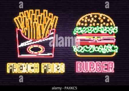 Retro neon burger and french fries sign on brick wall background. Design for cafe, restaurant. Vector. Neon design for pub or fast food business. Light burger and french fries sign banner. Glass tube. Stock Vector