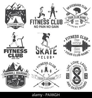 Set of fitness and skate board club concept with girls doing exercise and skateboarder silhouette. Vector fitness and skateboarding club retro badges.For gym signs, emblems and others related business Stock Vector