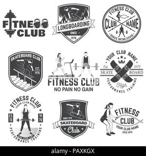 Set of fitness and skate board club concept with girls doing exercise and skateboarder silhouette. Vector fitness and skateboarding club retro badges.For gym signs, emblems and others related business Stock Vector