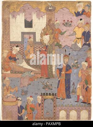 'Muhammad Revives the Sick Boy', Folio from a Falnama (Book of Omens) of Ja'far al-Sadiq. Dimensions: Painting: H. 23 1/16 in. (58.6 cm)   W. 17in. (43.2cm)  Mat : H. 28 in. (71.1 cm)  W. 22 in. (55.9 cm)  Frame: H. 30 1/2 in. (77.5 cm)  W. 24 1/2 in. (62.2 cm). Date: 1550s.  This illustration belonged to a Falnama, or book of divination, which was used to predict the future and tell fortunes. Once believed to be a depiction of Jesus raising Lazarus from the dead, the subject matter has now been identified as an event from the life of the Prophet Muhammad, who is shown veiled (a pictorial conv Stock Photo