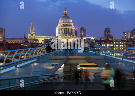 LONDON, ENGLAND - JUNE 17 2016: Night photo of Thames River,  Millennium Bridge and  St. Paul Cathedral, London, Great Britain Stock Photo