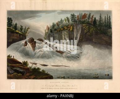 Hadley's Falls (No. 5 of The Hudson River Portfolio). Artist: after William Guy Wall (Irish, Dublin 1792-after 1864 Ireland (active America)). Dimensions: Image: 14 1/16 x 20 3/16 in. (35.7 x 51.3 cm)  Sheet: 19 x 24 1/2 in. (48.3 x 62.2 cm). Etcher: Begun by John Rubens Smith (American, London 1775-1849 New York); Finished by John Hill (American (born England), London 1770-1850 Clarksville, New York). Printer: William and Charles Rollinson (American, active ca. 1808-33). Publisher: Henry J. Megarey (American, 1818-1845 New York); W. B. Gilley (New York, NY); John Mill (Charleston, South Carol Stock Photo