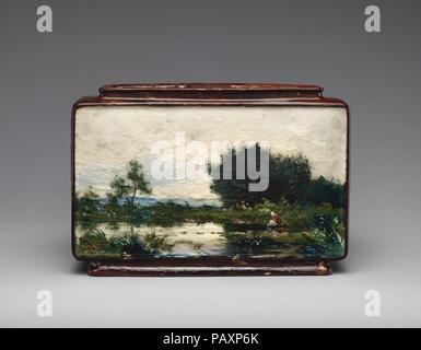 Jardinière with landscape. Culture: French, Paris. Decorator: Emile Justin Merlot (French, 1839-1900). Dimensions: Overall (confirmed): 8 7/8 × 13 3/8 × 3 7/8 in., 6 lb. (22.5 × 34 × 9.8 cm, 2.7 kg). Maker: Haviland & Co. (American and French, 1864-1931). Date: ca. 1880.  Ceramics decorated using the barbotine method of painting with colored liquid slips required a flat canvas-like surface on which the artist could paint. Hence new forms were developed with flat sides, like this jardinière. The pond scene, in the Barbizon style, recalls landscapes by Charles-François Daubigny (1817-1878). Muse Stock Photo