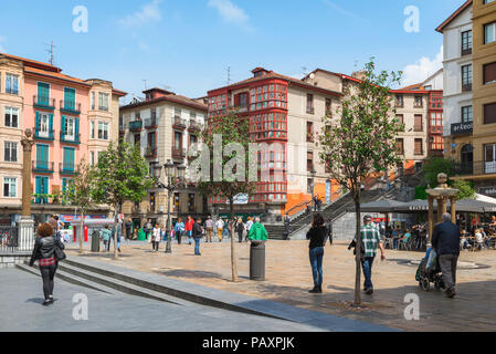 Bilbao Old Town, view of buildings and people in the Plaza de Unamuno in the center of the old town (Casco Viejo) area of Bilbao, Spain. Stock Photo