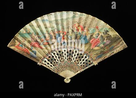 Fan. Culture: probably French. Date: first quarter 18th century.  The monumental sense of drama inherent in  the event of Prince Eugene's defeat of the Turks is conveyed by the fleet of ships and the city in background; that it can be conveyed on such a small surface rther than on a large canvas is testament to the  skill of the artist who designed and painted it. Museum: Metropolitan Museum of Art, New York, USA. Stock Photo