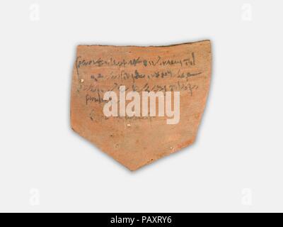 Tax Receipt for Wine. Dimensions: H. 9.8 cm (3 7/8 in.); W. 12.4 cm (4 7/8 in.). Date: 174 BC.  This tax receipt is dated to September 26, 174 BCE. Traditionally, wine was produced in the north and in the oases, but a tax reform during the reign of Ptolemy II Philadelphos encouraged viticulture around Thebes and Gebelein, in which--according to the text--the tax was paid. Museum: Metropolitan Museum of Art, New York, USA. Stock Photo