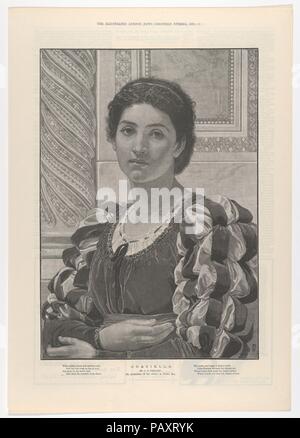 Graziella, from 'Illustrated London News' Christmas number. Artist: After Charles Edward Perugini (British, Naples, Italy 1839-1918 London). Dimensions: Sheet: 16 1/8 × 11 5/16 in. (40.9 × 28.7 cm). Date: December 6, 1886.  This wood engraving after a painting by Perugini shows a beautiful woman in Renaissance dress standing before a column and wall decorated with Cosmatesque mosaics. Born in Naples, Perugini moved to England as a youth, then returned to Rome to trained as an artist, moving on to Paris to study with Ary Scheffer. Frederic Leighton recognized his talent and encouraged him to re Stock Photo
