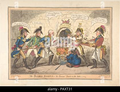 The Allied Bakers or the Corsican Toad in the Hole. Artist: George Cruikshank (British, London 1792-1878 London); After George Humphrey (British, 1773?-?1831). Dimensions: plate: 10 x 14 1/8 in. (25.4 x 35.8 cm)  sheet: 10 7/8 x 15 7/8 in. (27.7 x 40.4 cm). Publisher: Hannah Humphrey (London). Date: April 1, 1814.  A few days after this print appeared Napoleon abdicated his imperial crown. To convey this dramatic reversal of fortune, Humphrey and Cruikshank transformed a famous 1806 composition by Gillray (shown nearby). The bakers are now allied generals who prepare to consign the tiny figure Stock Photo