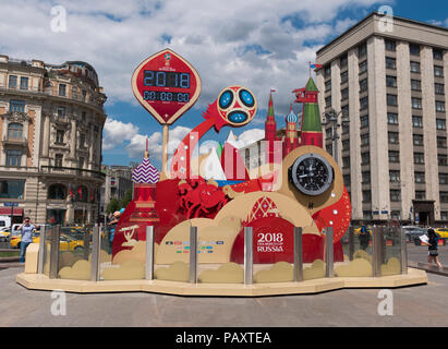 MOSCOW Russia - JUNE 20, 2018: A clock with a countdown of days, hours and minutes to the start of the FIFA World Cup 2018 in Russia at the Manege Square near Kremlin. National Hotel on background. on June 20, 2018 in Moscow, Russia Stock Photo