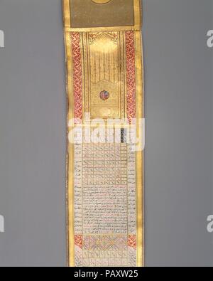Calendar-Almanac in Scroll Form. Calligrapher: Signed and dated by Katib Muhammad Ma'ruf Na'ili. Dimensions: H. 4 in. (10.2 cm)  L. 41 in. (104.1 cm). Date: dated A.H. 1224/A.D. 1810.  This small illuminated handscroll once functioned as a portable calendar-almanac, or ruznama. Its diverse contents include texts describing the stations of the sun and moon, the musical modes, the Muslim calendar, the times of prayer in different seasons, the Christian calendar, and the times of sunrise and sunset--all arranged according to the position of Istanbul, where its owner is assumed to have lived. Muse Stock Photo