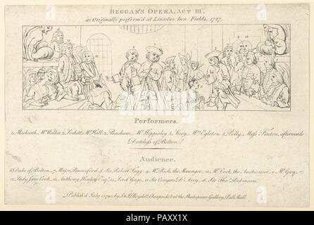 Key with List of Performers and Audience to: The Beggars Opera. Artist: After William Hogarth (British, London 1697-1764 London). Author: Illustrates John Gay (British, Barnstaple, Devon 1685-1732). Dimensions: Sheet: 5 13/16 x 8 11/16 in. (14.7 x 22 cm). Publisher: John & Josiah Boydell (British, 1786-1804). Date: July 1, 1790. Museum: Metropolitan Museum of Art, New York, USA.
