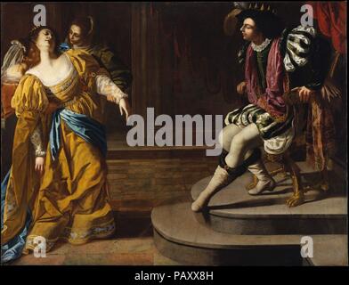 Esther before Ahasuerus. Artist: Artemisia Gentileschi (Italian, born Rome 1593-died Naples 1654 or later). Dimensions: 82 x 107 3/4in. (208.3 x 273.7cm).  The most famous woman painter of the seventeenth century, Artemisia worked in Rome, Florence, Venice, and Naples. This painting, among her most ambitious, recounts the story of the Jewish heroine Esther, who appeared before King Ahasuerus to plead for her people, breaking with court etiquette and risking death. She fainted in the king's presence, but her request found favor. The story is conceived not as a historical recreation but as a con Stock Photo