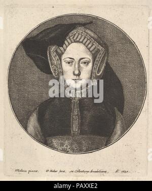 Unknown Woman. Artist: After Hans Holbein the Younger (German, Augsburg 1497/98-1543 London). Dimensions: Plate: 4 15/16 × 4 1/8 in. (12.5 × 10.5 cm)  Sheet: 5 1/4 x 4 1/2 in. (13.4 x 11.5 cm). Etcher: Wenceslaus Hollar (Bohemian, Prague 1607-1677 London). Sitter: Formerly identified as Catherine of Aragon (Castille 1485-1536). Date: 1647.  Bust length portrait of a woman formerly identified as Queen Catherine of Aragon. From Hans Holbein portrait in the Arundel collection. Museum: Metropolitan Museum of Art, New York, USA. Stock Photo