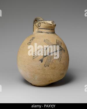 Terracotta jug. Culture: Cypriot. Dimensions: H. 7 7/16 in. (18.9 cm). Date: 750-600 B.C..  Fish, swastika, and zigzag decorate this jug. Museum: Metropolitan Museum of Art, New York, USA. Stock Photo