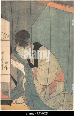 Woman Reading A Letter by Oil Lamp. Artist: Kitagawa Utamaro (Japanese, ca. 1754-1806). Culture: Japan. Dimensions: H. 15 in. (38.1 cm); W. 10 in. (25.4 cm). Date: 1790s.  Utamaro portrays a woman who is concentrating intensely on a letter. Her entire body leans forward, and she firmly grasps the letter, holding it close to her face. The mosquito net works as a device that keeps the woman away from the light, increasing her anxiety and desire to move closer to it. The light from the lantern spreads out in a triangle, highlighting the woman's intense expression and creating a dramatic effect. M Stock Photo