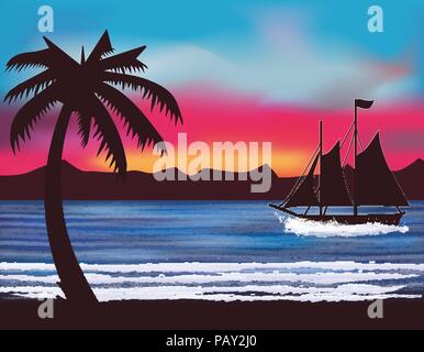 Tropical wallpaper with sailing vessel, palms and mountains , vector illustration Stock Vector