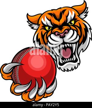 Tiger Holding Cricket Ball Mascot Stock Vector