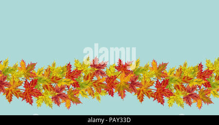 Autumn Maple Leaves Seamless and Continuous Banner on Blue Background. Watercolor Horizontal Continuous Garland for Print, Creative Design, etc. Stock Photo