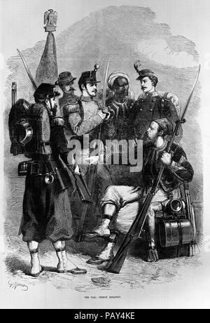 Engraving entitled French infantry from the Franco-Prussian War. From The Illustrated London News (3rd September 1870), pg. 236