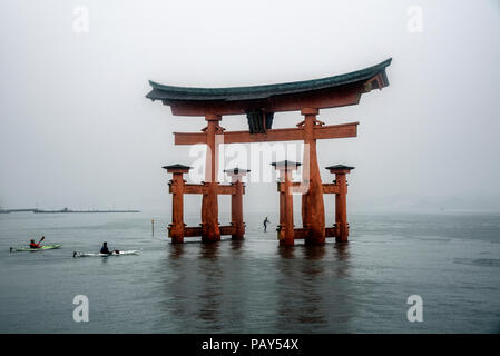 The great Torii Gate of Itsukushima Shrine on Miyajima Island, Hiroshima, Japan. Stock Photo