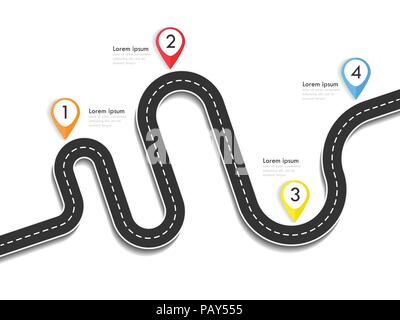 Road way location infographic template with pin pointer. Winding road on a colorful background. Stylish streamers. Vector EPS 10 Stock Vector