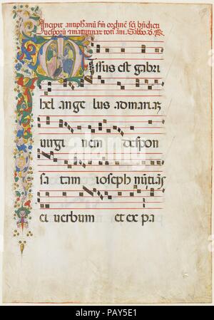 Manuscript Leaf with Saint John the Evangelist and Saint John the Baptist in an Initial M, from an Antiphonary. Artist: Master of the Riccardiana Lactantius. Culture: Italian. Dimensions: Overall: 22 5/16 x 15 9/16 in. (56.7 x 39.6 cm)  letter: 3 1/8 x 3 15/16 in. (8 x 10 cm)  Mat size: 29 x 23 1/16 in. (73.6 x 58.5 cm). Date: second half 15th century. Museum: Metropolitan Museum of Art, New York, USA.