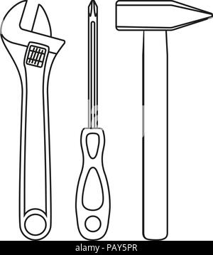 Line art black and white simple toolkit set. Handyman tool for home repair. Construction themed vector illustration for icon, logo, sticker, patch, la Stock Vector