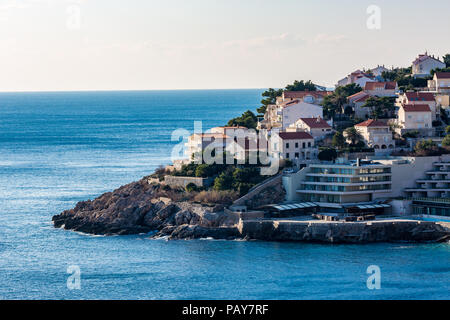 View from the shore of part of the new city of Dubrovnik. Croatia, winter with the cold waters of Adriatic Sea Stock Photo