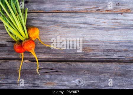 golden beets freshly harvested  raw on rustic wood background Stock Photo