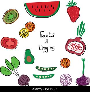 colourful cartoon fruits and veggies set vector hand drawn Stock Vector