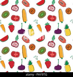 hand drawn colourful fruits and veggetables pattern seamless background Stock Vector