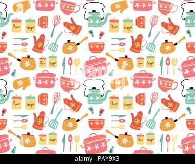 hand drawn vector pastel vintage kitchen seamless pattern Stock Vector