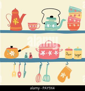 hand drawn pastel vintage kitchenware set Stock Vector