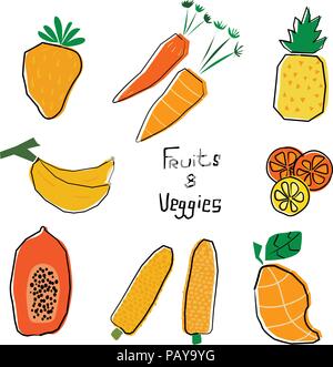 orange and yellow cartoon fruits and veggies set vector hand drawn Stock Vector