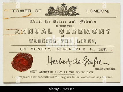 Ticket for the Annual Ceremony of Washing the Lions, dated April the 1st, 1856, signed by Herbert de Grassen, Senior Warden Stock Photo