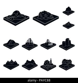 Mountains, massive black icons in set collection for design. The surface of the earth vector isometric symbol stock  illustration. Stock Vector