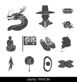 Country South Korea black icons in set collection for design.Travel and attraction vector symbol stock  illustration. Stock Vector