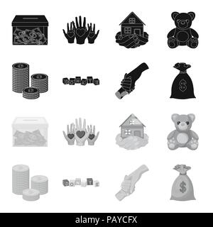 A pile of coins for donations, colored cubes with an inscription, a handshake, a bag of money for donations. Charity and donation set collection icons Stock Vector