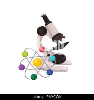 Hand drawn microscope with molecule isolated on white background. Vector illustration. Stock Vector