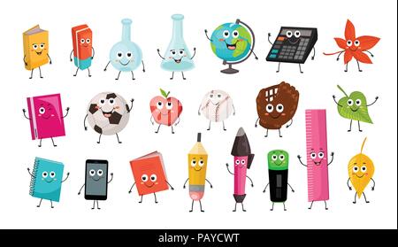 Cute cartoon school characters collection. Vector illustration of school objects isolated on white background. Back to school funny smileys. Stock Vector