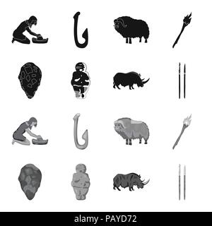 Primitive, woman, man, cattle .Stone age set collection icons in black,monochrome style vector symbol stock illustration . Stock Vector