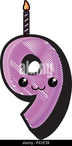 Kawaii number nine candle icon over white background, vector illustration Stock Vector