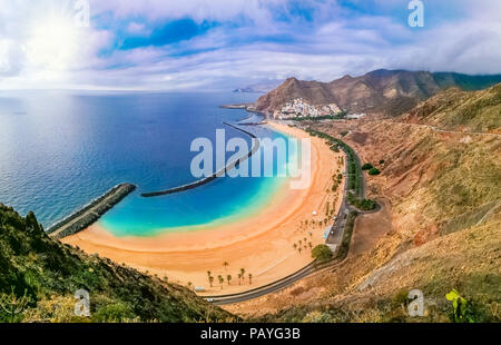 Beautiful panoramic aerial view of the famous Las Teresitas beach in Tenerife island in the summer holiday Stock Photo