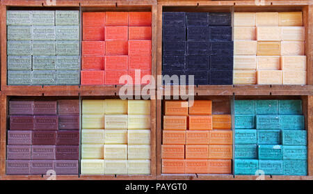 NICE FRANCE - AUGUST 25: Marseille soap  in various fragrances displayed in a street market in public street on August 25 2013 in Nice France