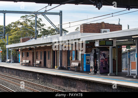 Toongabbie Railway Station in Sydney Australia June 2018, a new awning, lights and signage hides much of the original art deco design of the platform Stock Photo