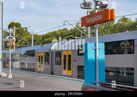 Toongabbie Railway Station in Sydney Australia June 2018, a Waratah A train stands at on of the platforms with doors closed ready to depart. Stock Photo